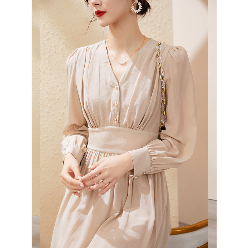 2023 Spring High Waist A-line Dress Women's V-neck Long Dress