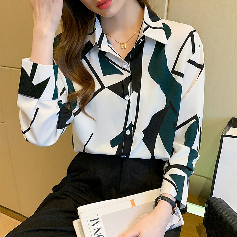 Women's Long-sleeve Chiffon Shirt Spring Slim Printed Top Shirt